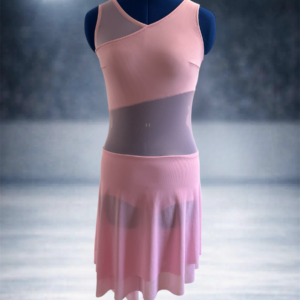 A rose pink figure skating dress with strong angled elements, with pink mesh cutouts and a swishy, angled skirt